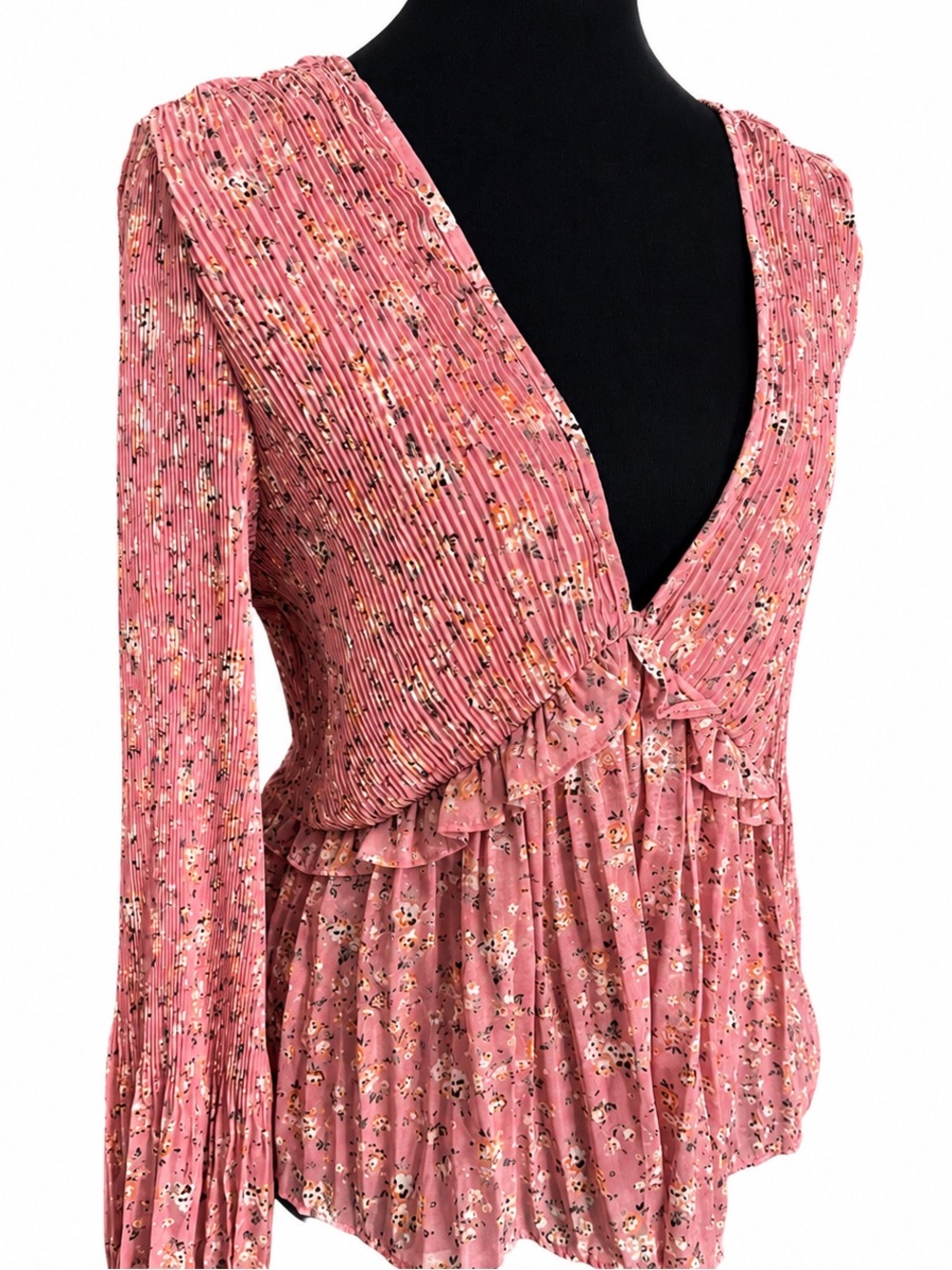 Pink Floral Pleated Peplum Blouse Romantic Boho Long Sleeve Top XL - Picture 2 of 8